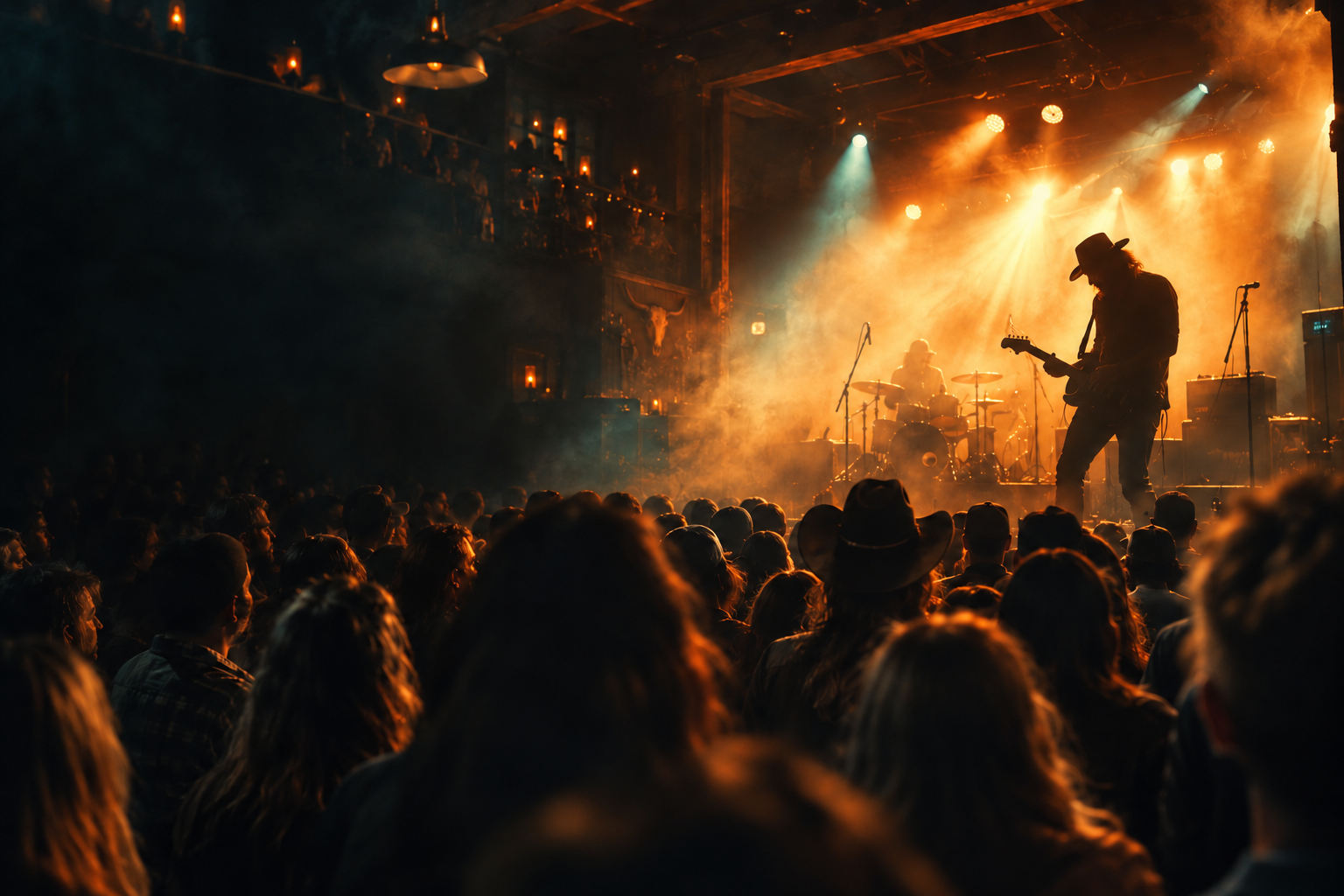 Illustrative concert scene with amber stage lights and a guitarist
